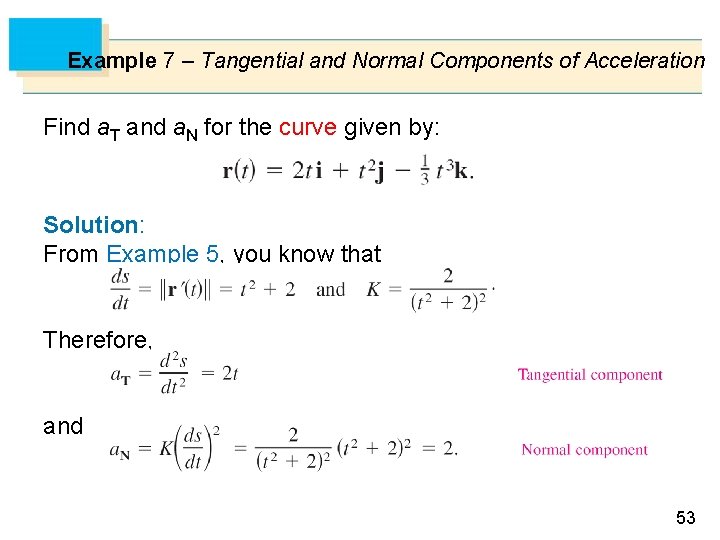 Example 7 – Tangential and Normal Components of Acceleration Find a. T and a.