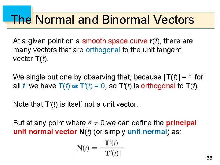 The Normal and Binormal Vectors At a given point on a smooth space curve
