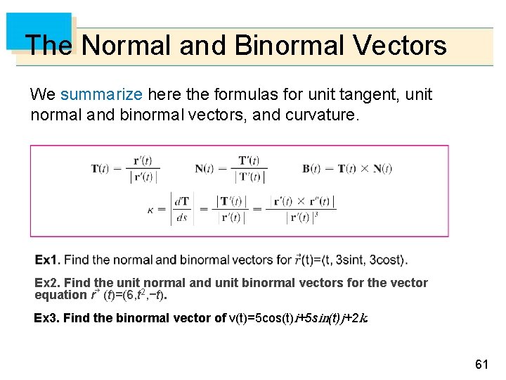 The Normal and Binormal Vectors We summarize here the formulas for unit tangent, unit
