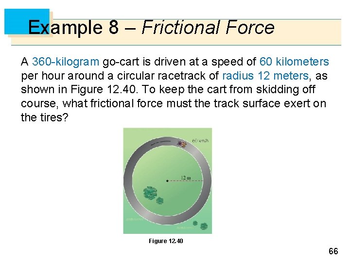 Example 8 – Frictional Force A 360 -kilogram go-cart is driven at a speed