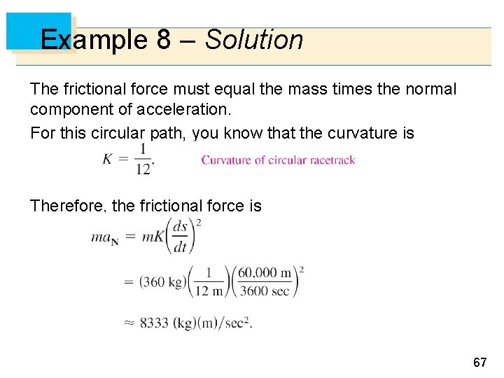 Example 8 – Solution The frictional force must equal the mass times the normal