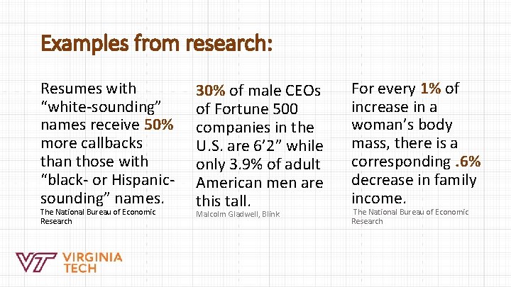 Examples from research: Resumes with “white-sounding” names receive 50% more callbacks than those with