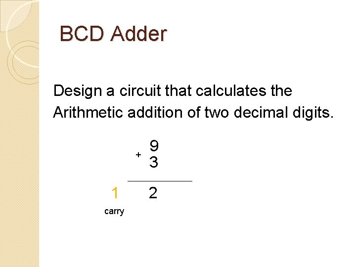 BCD Adder Design a circuit that calculates the Arithmetic addition of two decimal digits. BCD Adder Design a circuit that calculates the Arithmetic addition of two decimal digits.