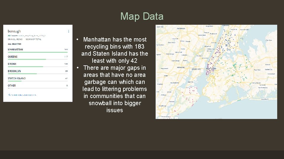 Map Data • Manhattan has the most recycling bins with 183 and Staten Island
