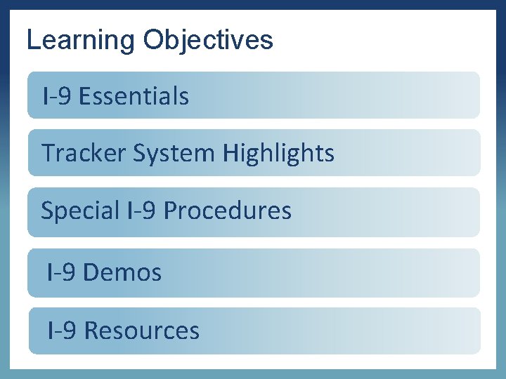Learning Objectives I-9 Essentials Tracker System Highlights Special I-9 Procedures I-9 Demos I-9 Resources