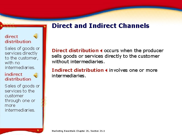 Direct and Indirect Channels direct distribution Sales of goods or services directly to the