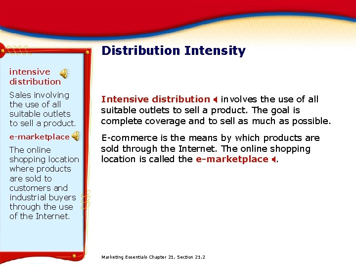 Distribution Intensity intensive distribution Sales involving the use of all suitable outlets to sell