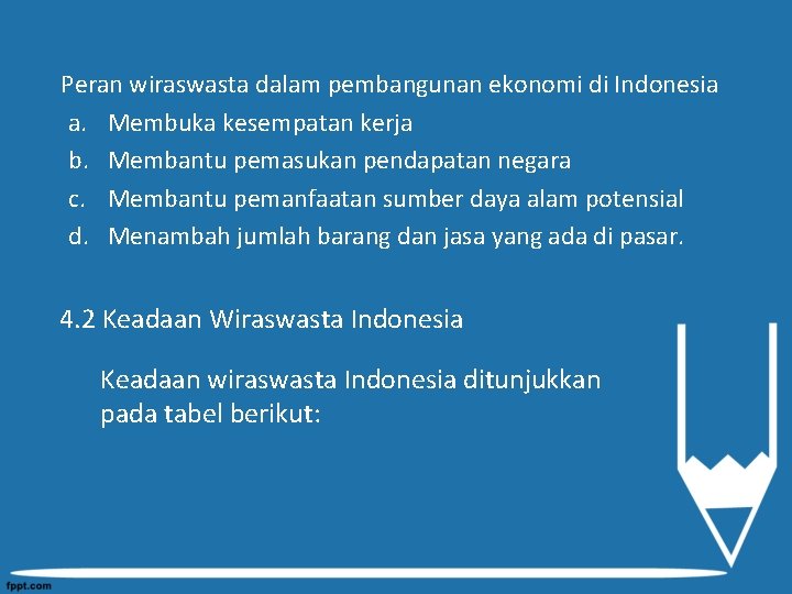 Peran wiraswasta dalam pembangunan ekonomi di Indonesia a. Membuka kesempatan kerja b. Membantu pemasukan