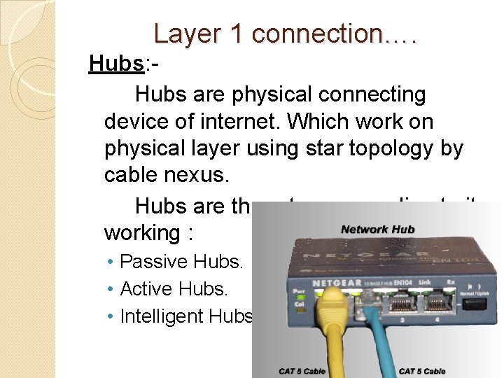 Layer 1 connection…. Hubs: Hubs are physical connecting device of internet. Which work on