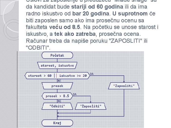 Uslovi za zaposlenje u preduzeću "Mlade snage" su da kandidat bude stariji od 60