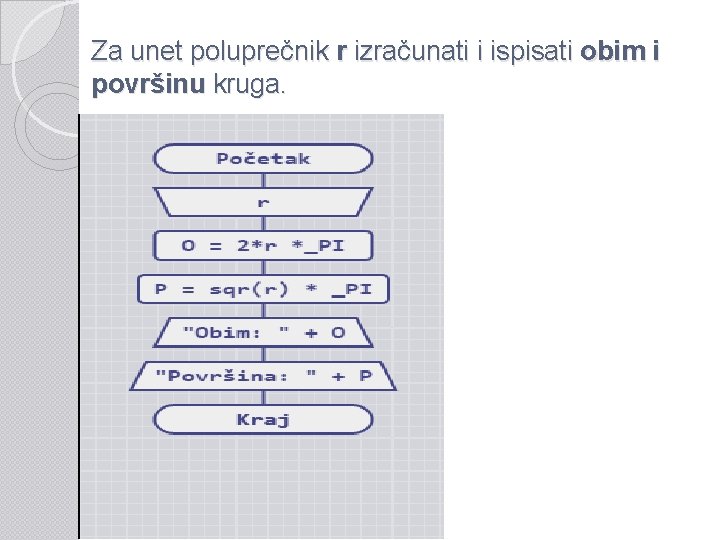 Za unet poluprečnik r izračunati i ispisati obim i površinu kruga. 