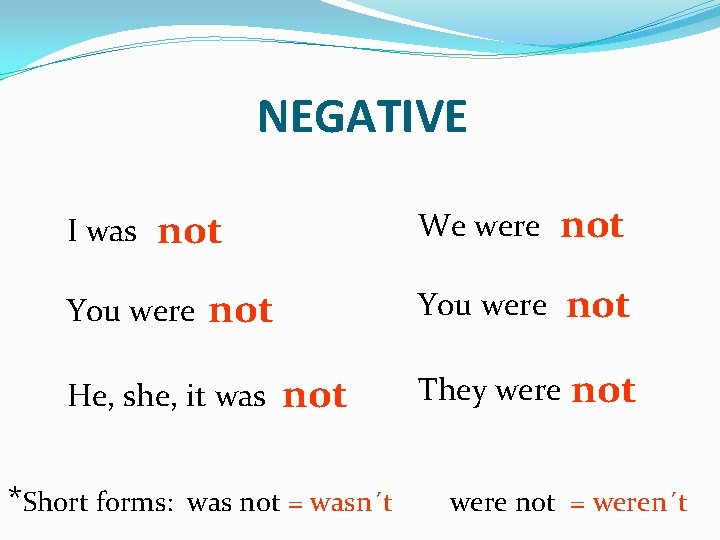 NEGATIVE I was not You were not He, she, it was *Short forms: not