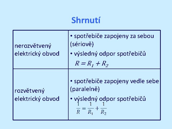 Shrnutí nerozvětvený elektrický obvod • spotřebiče zapojeny za sebou (sériově) • výsledný odpor spotřebičů