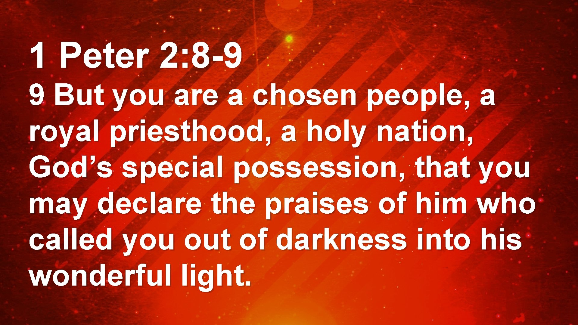 1 Peter 2: 8 -9 9 But you are a chosen people, a royal