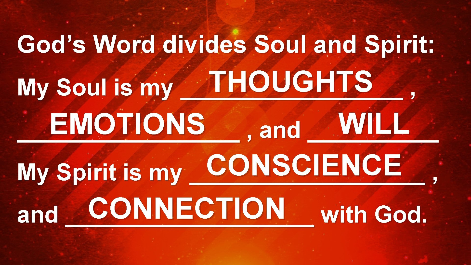 God’s Word divides Soul and Spirit: THOUGHTS My Soul is my _________ , WILL