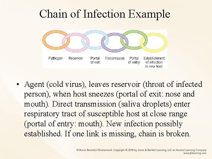 Chain of Infection Example • Agent (cold virus), leaves reservoir (throat of infected person),