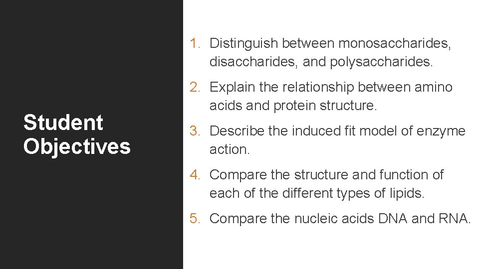 1. Distinguish between monosaccharides, disaccharides, and polysaccharides. Student Objectives 2. Explain the relationship between 1. Distinguish between monosaccharides, disaccharides, and polysaccharides. Student Objectives 2. Explain the relationship between