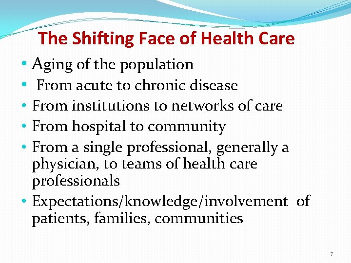 The Shifting Face of Health Care • Aging of the population • From acute