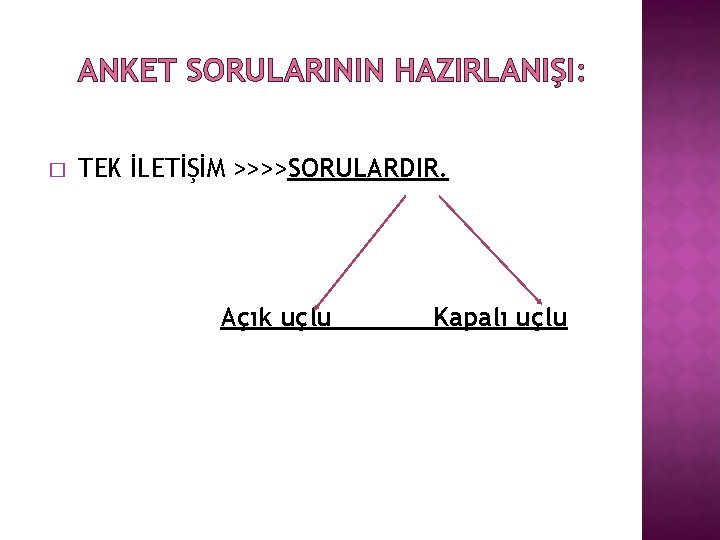 ANKET SORULARININ HAZIRLANIŞI: � TEK İLETİŞİM >>>>SORULARDIR. Açık uçlu Kapalı uçlu 