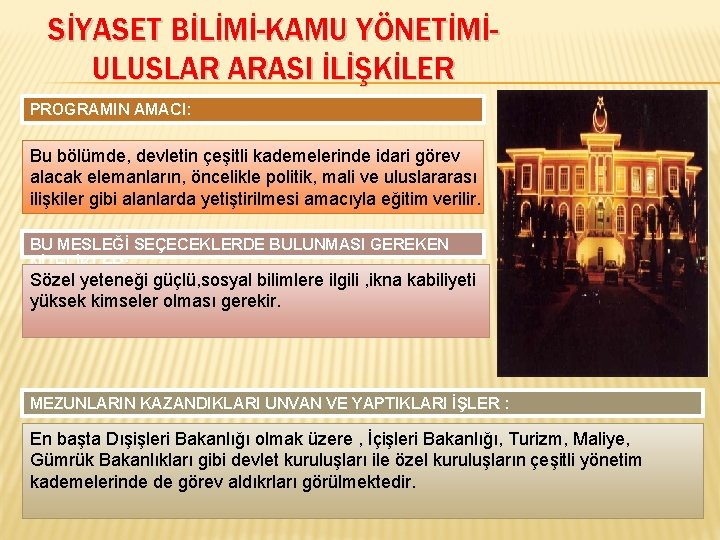 SİYASET BİLİMİ-KAMU YÖNETİMİULUSLAR ARASI İLİŞKİLER PROGRAMIN AMACI: Bu bölümde, devletin çeşitli kademelerinde idari görev