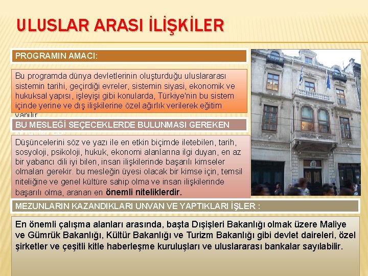 ULUSLAR ARASI İLİŞKİLER PROGRAMIN AMACI: Bu programda dünya devletlerinin oluşturduğu uluslararası sistemin tarihi, geçirdiği