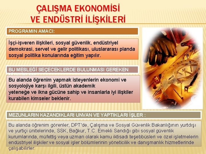 ÇALIŞMA EKONOMİSİ VE ENDÜSTRİ İLİŞKİLERİ PROGRAMIN AMACI: İşçi-işveren ilişkileri, sosyal güvenlik, endüstriyel demokrasi, servet