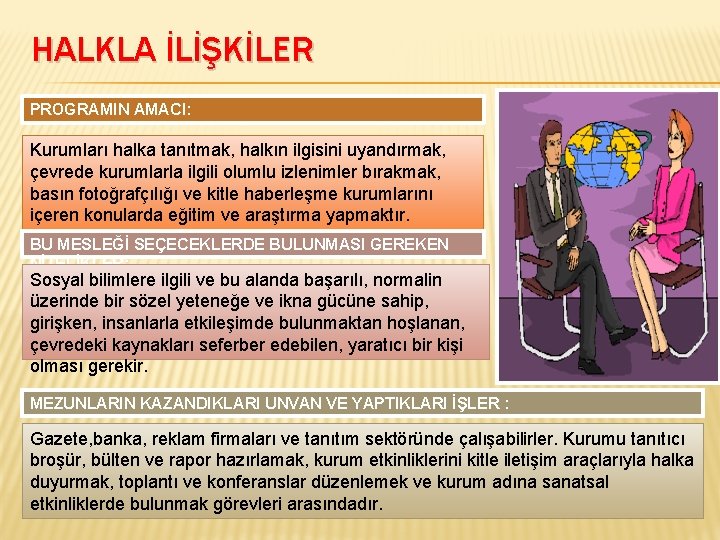 HALKLA İLİŞKİLER PROGRAMIN AMACI: Kurumları halka tanıtmak, halkın ilgisini uyandırmak, çevrede kurumlarla ilgili olumlu