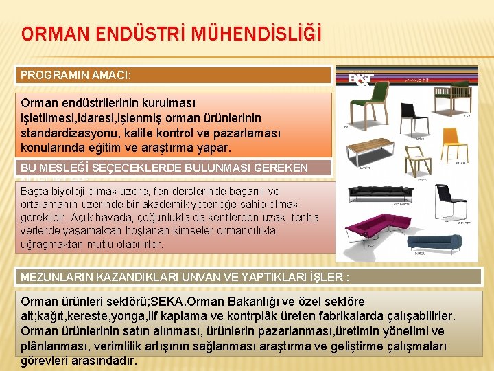 ORMAN ENDÜSTRİ MÜHENDİSLİĞİ PROGRAMIN AMACI: Orman endüstrilerinin kurulması işletilmesi, idaresi, işlenmiş orman ürünlerinin standardizasyonu,