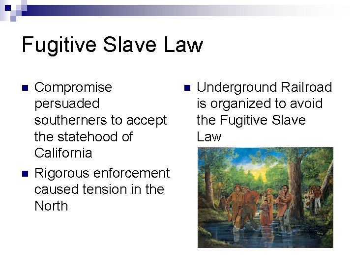 Fugitive Slave Law n n Compromise persuaded southerners to accept the statehood of California