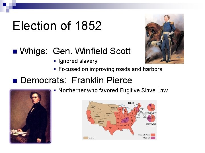 Election of 1852 n Whigs: Gen. Winfield Scott § Ignored slavery § Focused on