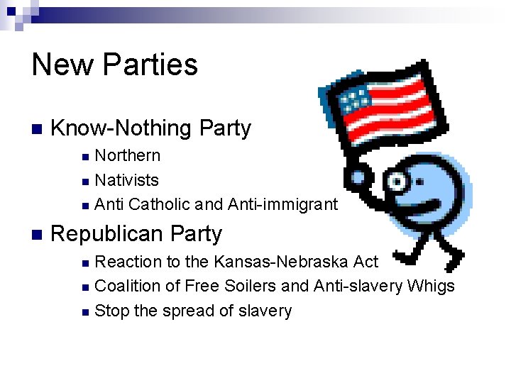 New Parties n Know-Nothing Party Northern n Nativists n Anti Catholic and Anti-immigrant n