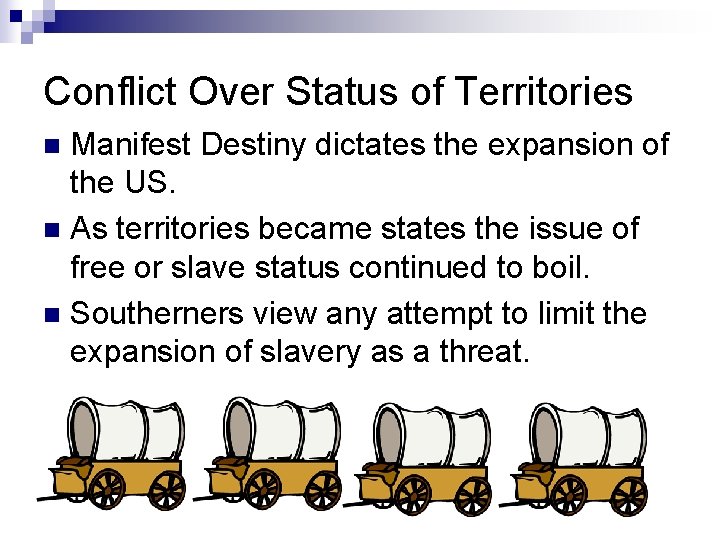 Conflict Over Status of Territories Manifest Destiny dictates the expansion of the US. n
