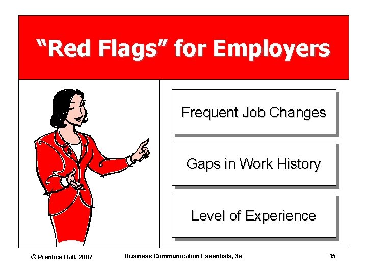 “Red Flags” for Employers Frequent Job Changes Gaps in Work History Level of Experience