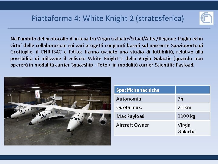 Piattaforma 4: White Knight 2 (stratosferica) Nell’ambito del protocollo di intesa tra Virgin Galactic/Sitael/Altec/Regione