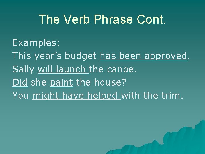 The Verb Phrase Cont. Examples: This year’s budget has been approved. Sally will launch