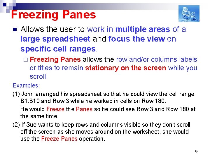 Freezing Panes n Allows the user to work in multiple areas of a large