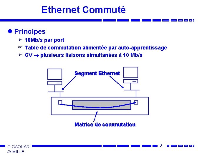 Ethernet Commuté l Principes F 10 Mb/s par port F Table de commutation alimentée