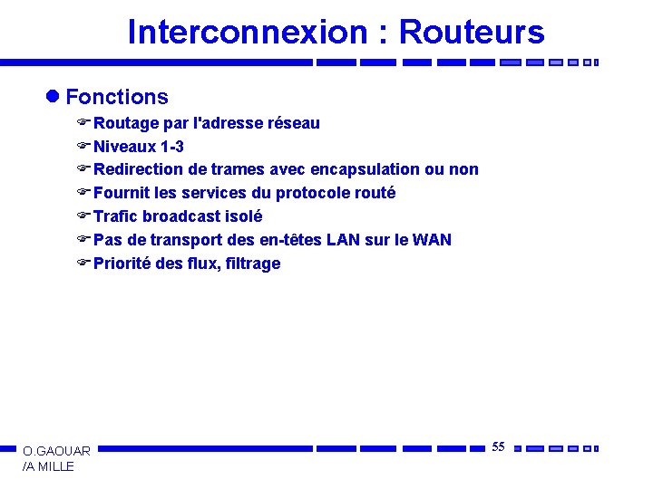 Interconnexion : Routeurs l Fonctions F Routage par l'adresse réseau F Niveaux 1 -3