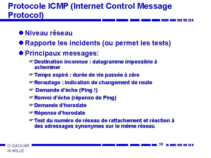 Protocole ICMP (Internet Control Message Protocol) l Niveau réseau l Rapporte les incidents (ou