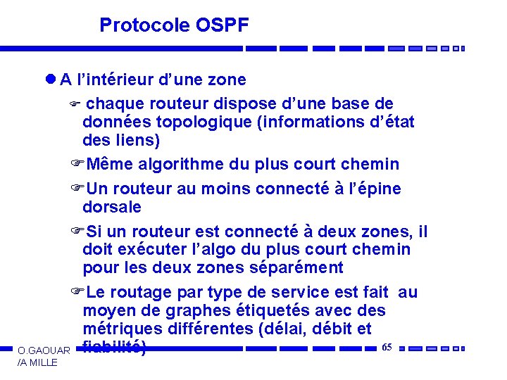 Protocole OSPF l A l’intérieur d’une zone F chaque routeur dispose d’une base de