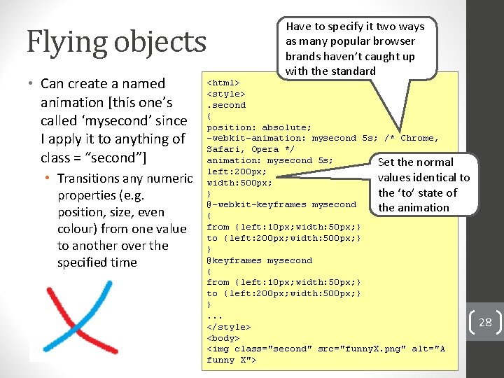 Flying objects • Can create a named animation [this one’s called ‘mysecond’ since I