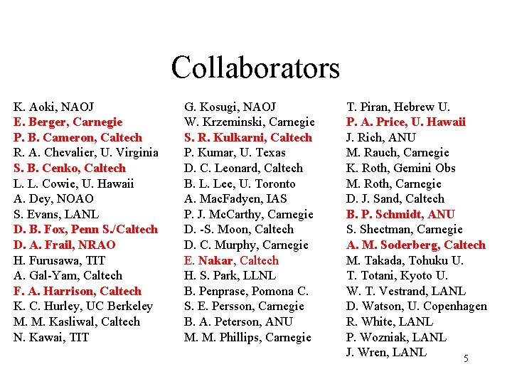 Collaborators K. Aoki, NAOJ E. Berger, Carnegie P. B. Cameron, Caltech R. A. Chevalier,