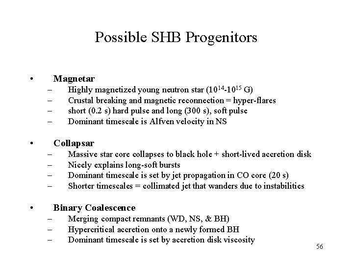 Possible SHB Progenitors • Magnetar – – • Highly magnetized young neutron star (1014