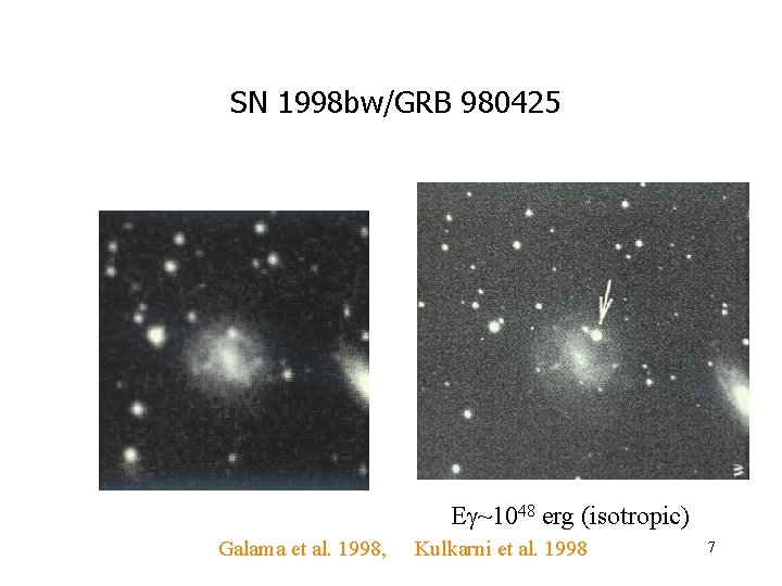 SN 1998 bw/GRB 980425 E ~1048 erg (isotropic) Galama et al. 1998, Kulkarni et