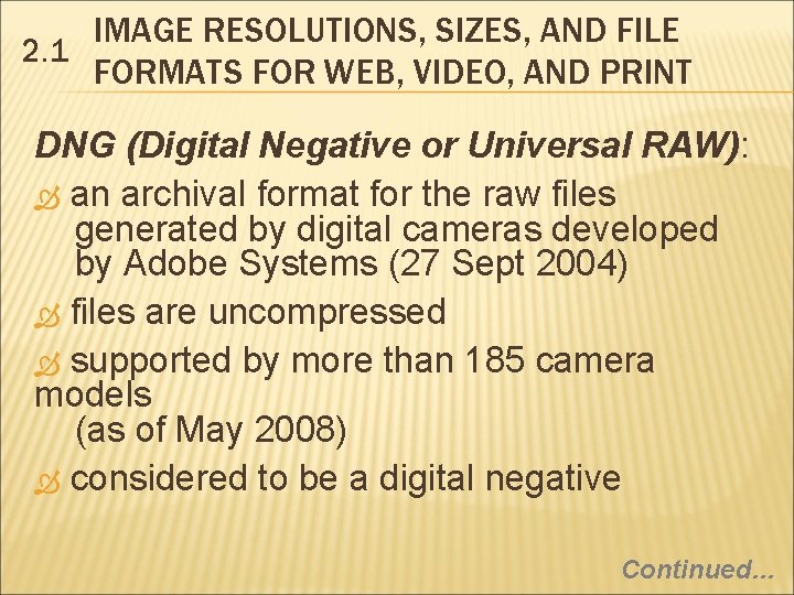 IMAGE RESOLUTIONS, SIZES, AND FILE 2. 1 FORMATS FOR WEB, VIDEO, AND PRINT DNG