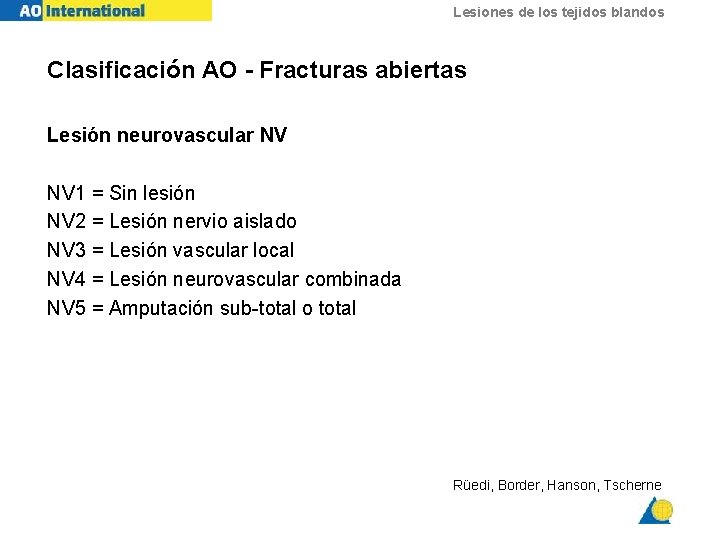 Lesiones de los tejidos blandos Clasificación AO - Fracturas abiertas Lesión neurovascular NV NV