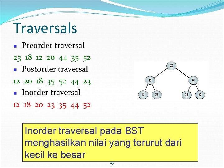 Traversals Preorder traversal 23 18 12 20 44 35 52 Postorder traversal 12 20