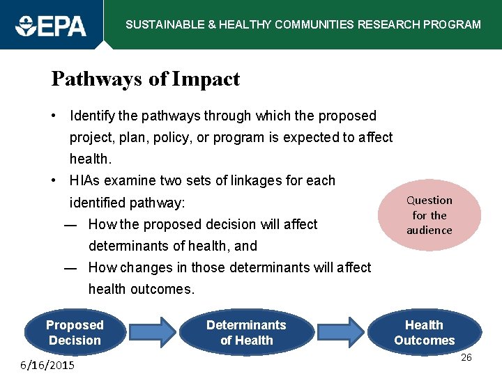 SUSTAINABLE & HEALTHY COMMUNITIES RESEARCH PROGRAM Pathways of Impact • Identify the pathways through