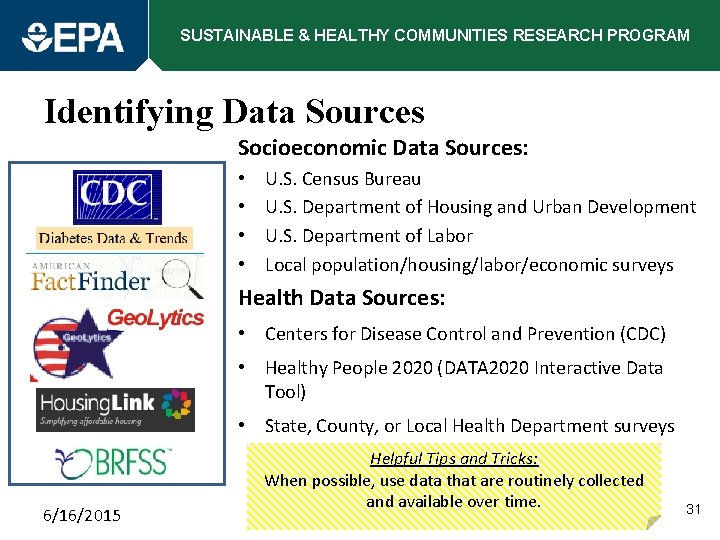 SUSTAINABLE & HEALTHY COMMUNITIES RESEARCH PROGRAM Identifying Data Sources Socioeconomic Data Sources: • •