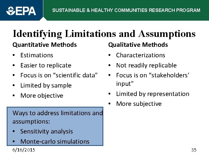 SUSTAINABLE & HEALTHY COMMUNITIES RESEARCH PROGRAM Identifying Limitations and Assumptions Quantitative Methods • •